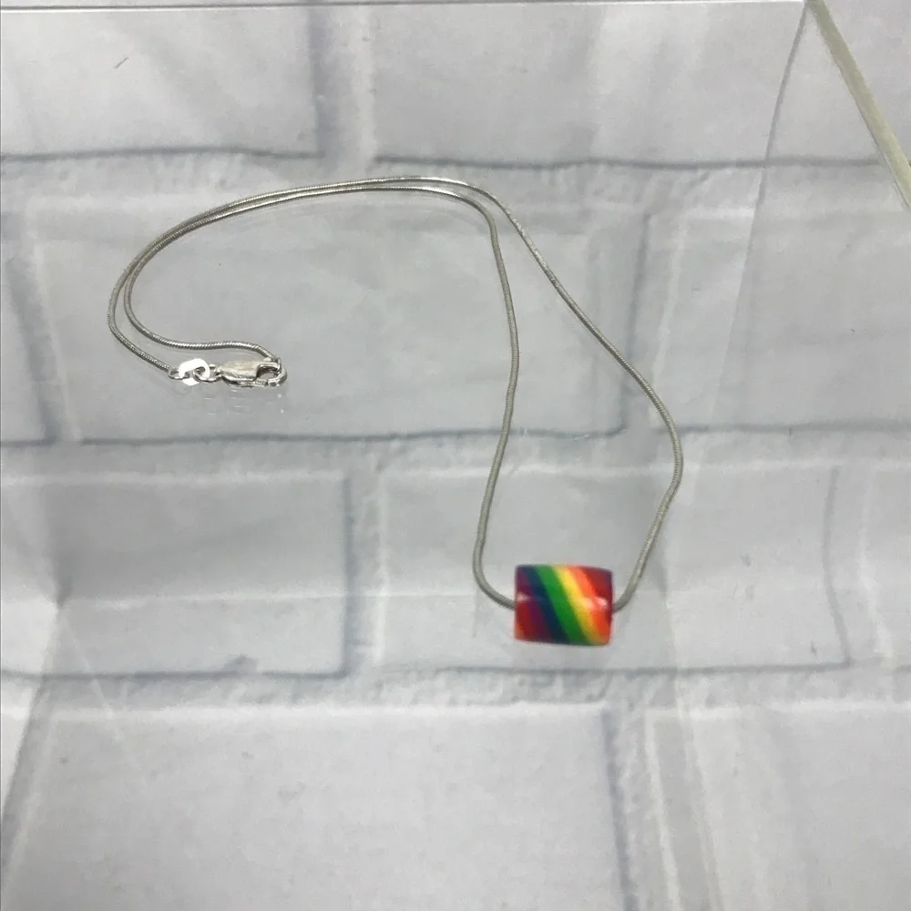 Sterling Silver 925 Rainbow Love Colorful Enamel Dainty Pendant Necklace